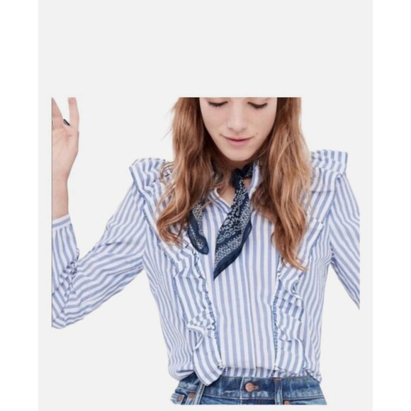 Madewell Whitney Striped Ruffle Blouse M Blue White - Picture 3 of 11
